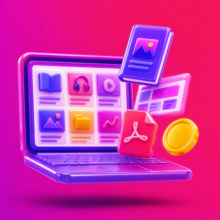 3D laptop showing digital products with a gold coin