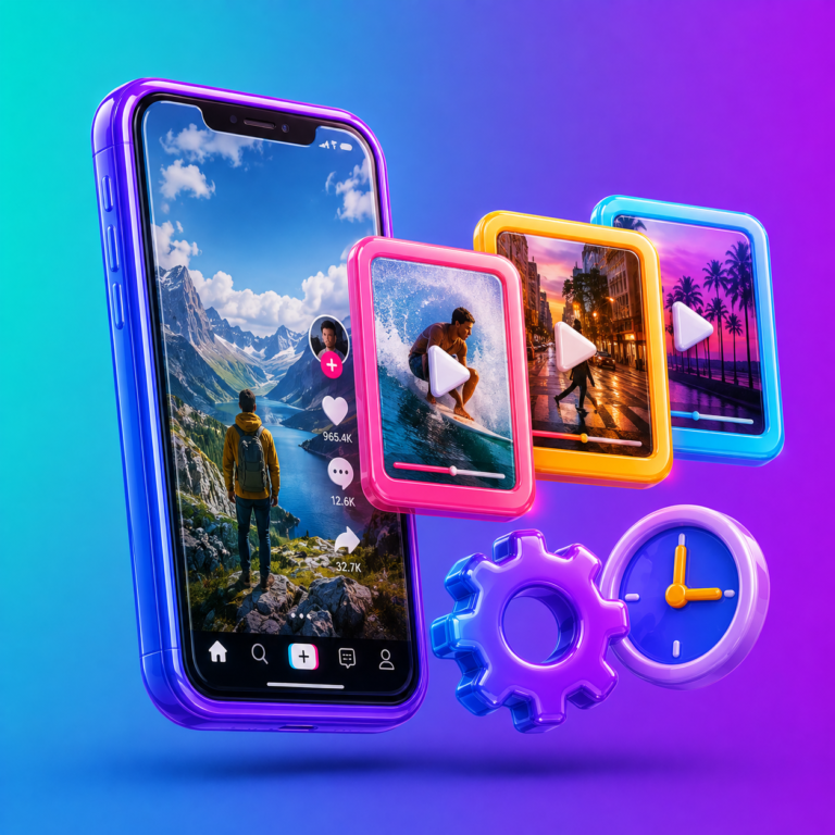 3D phone with short video feed, gear and clock