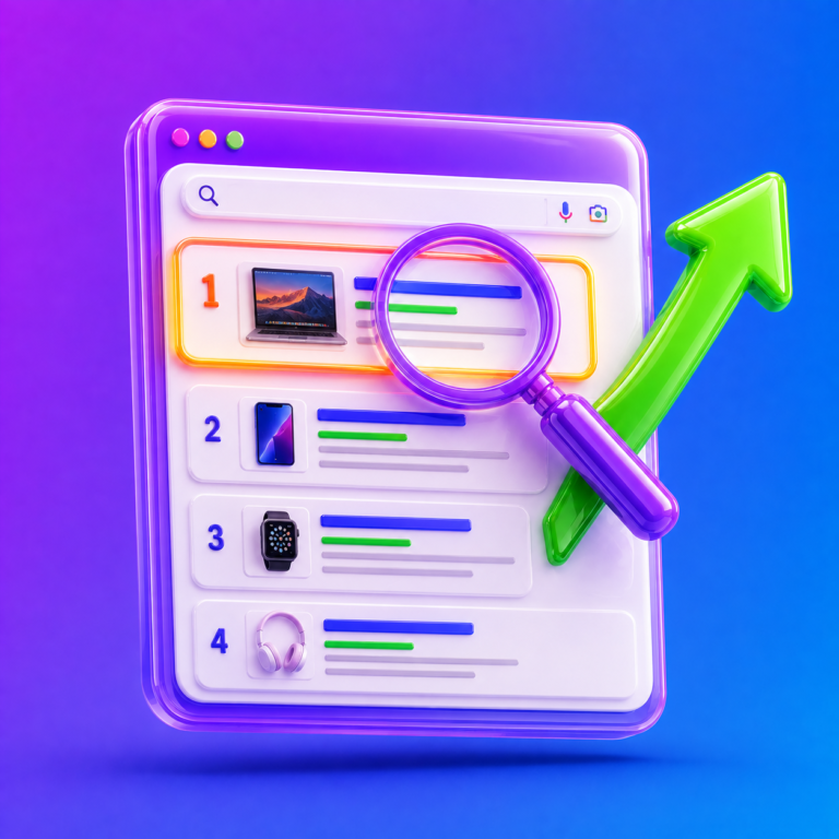 3D search results page with magnifying glass and rising arrow