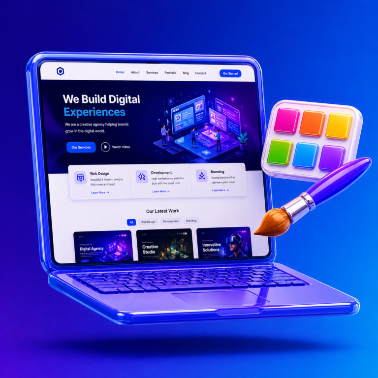 3D laptop showing a finished website with colour palette and brush