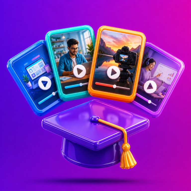 Four 3D video course cards with play buttons and a graduation cap
