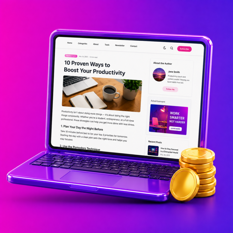 3D laptop showing a blog article with gold coins