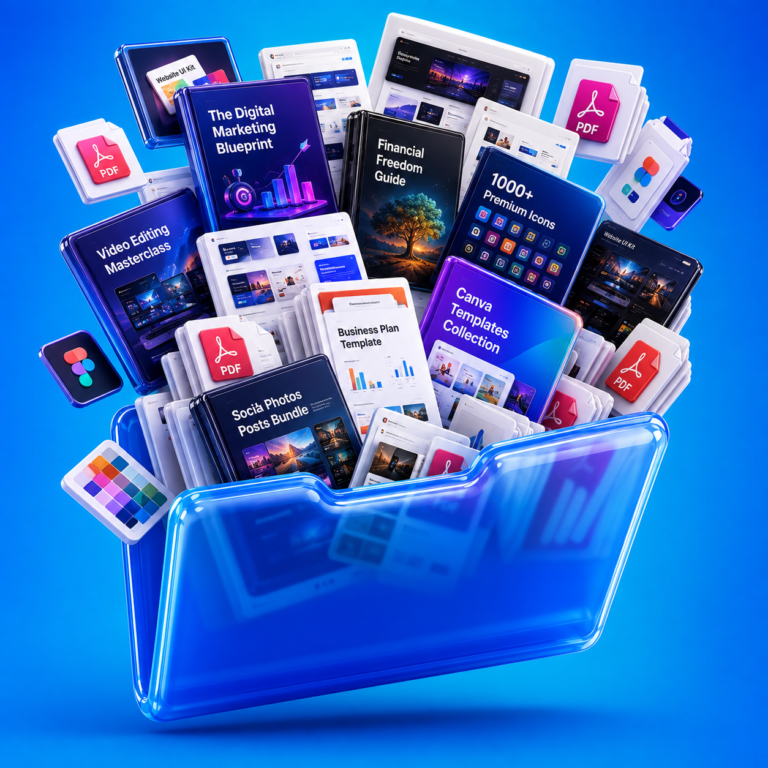 3D folder overflowing with digital product files